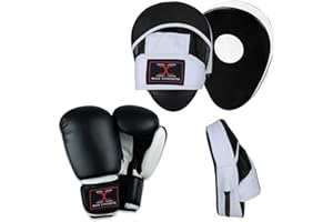 MAXSTRENGTH Boxing Gloves and Curved Focus Pads MMA Boxing Kick Training Hook & Jabs Pro Set Multi Colours