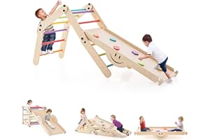 COSTWAY 5 in 1 Set da Arrampicata per Bambini, Giochi da Arrampicata Pieghevoli in Legno con Rampe Regolabili e Reversibili, Scala da Arrampicata per Bambini 3+ Anni (Colorato)