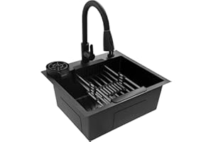 SHALMIDOR Spülbecken Schwarz 50x45 cm, Küchenspüle Edelstahl, Spülbecken 1 Becken, Waschbecken Küche mit herausziehbarem Wasserhahn, Klein Einbauspüle inkl Abtropfkorb, Seifenspender
