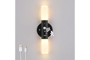 Lampop Black Rechargeable Wall Light Motion Sensor Night Lights Portable Wireless Wall Lamp Indoor, Battery Operaterd Wall Sconce Magnetic for Living Room, Bedroom, Hallway (Black, Warm White)