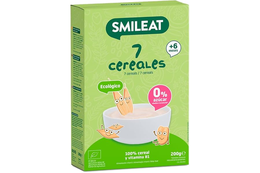 Smileat - Papilla para peques Ecológica de 7 Cereales - Sin Azúcar Añadido - Ingredientes Vegetales - Fácil de Diluir y Prepa