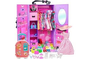 ZITA ELEMENT 83 Pcs Dolls & Accessories with Purple Closet Wardrobe for 11.5 Inch Doll Dress Up Set Including Wardrobe Shoes, Wallet, Dress Hangers, Brush, Necklace, Pet and Other Accessories