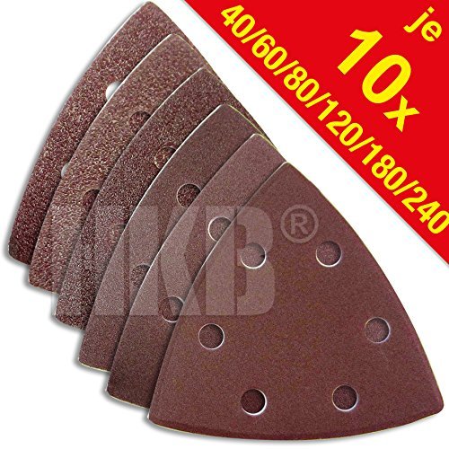 60 Stück HKB ® Delta 93x93x93mm,Schleifdreiecke, 6-Loch für Delta-Schleifer, je 10 Stück Korn 40,60,80,120,180,240, Schleifmittel Korund, Hochwerige Profi-Qualität für verschiedene Oberflächen, feiner und riefenfreier Schliff, universell einsetzbar, für detailgenaues Schleifen in Ecken und an Kanten, Artikel-Nr. 18542