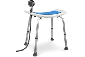VOUNOT® Tabouret de Douche Hauteur Réglable 38 à 52 cm Siège de Douche Ergonomique avec Pieds Antidérapants pour Personnes Âgées Chaise de Bain Charge Max. 136kg Blanc Bleu