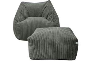 rucomfy Beanbags Adults Large Snuggle Chair - Large Corduroy Armchair for Home Furniture - Living Room or Bedroom Seating - Machine Washable - 80 x 95 x 88cm (Slate, with Ottoman)