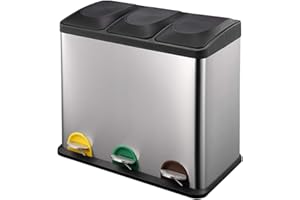 BAKAJI 3 x 18L (54 Litre) Stainless Steel Plastic Waste Separation Bin with Compartments Removable Pedal Opening Trash Can for Home, Kitchen and Outdoor Use