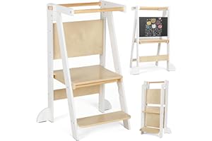 KIDINIX Składana wieża edukacyjna, regulowana wysokość drabina dla maluchów z szynami bezpieczeństwa, drewniana wieża edukacyjna z tablicą, dla dzieci w wieku 1-6 lat, bezpieczna konstrukcja i