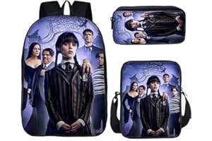 HAOYUNLAI Sac à Dos Mercredi Addams, 3 Pièces avec Cartable, Sac à Lunch et Trousse à Crayons pour Adolescents Filles (Style 12, 16 Pouces)