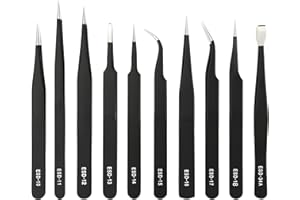 TIAMARAEON Precision ESD Tweezers Set, 10 Pcs Anti-Static Stainless Steel Craft Tweezers, Multi-Function Craft Tweezers for Electronic Repair, Handicraft, Laboratory, Jewelry Manufacturing(Black)