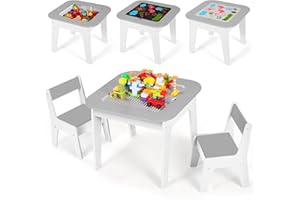 Clevich Kinder Tisch Stuhl Set, Kindersitzgarnitur, Stauraum, mit 2 PCS Stühlen, Kindersitzgruppe, Doppelseitiger Maltisch & Bauplatte, Packung mit 2 Stühlen, Kindermöbel für Kinderzimmer, Grau