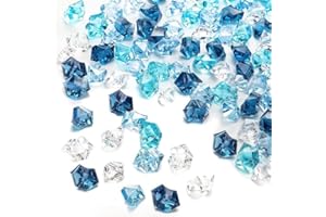 EESTECK Decorative Acrylic Ice Crystals, Mix-Blue and Clear, 200 Pieces Clear Acrylic Crystal Chunks, 11 * 14 mm Geometric Shapes Fake Acrylic Ice Rocks for Party Table Scatter Gems, Wedding Vase Filler
