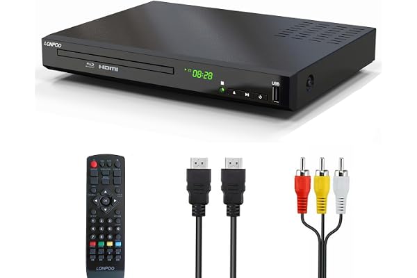 Lecteur Blu-Ray DVD pour Téléviseur - 1080P HD DVD Lecteur Bluray avec Sortie HDMI/Coaxiale/RCA (câble HDMI et AV Inclus), Entrée USB, Bluray Région B/2, Télécommande (LP-100)