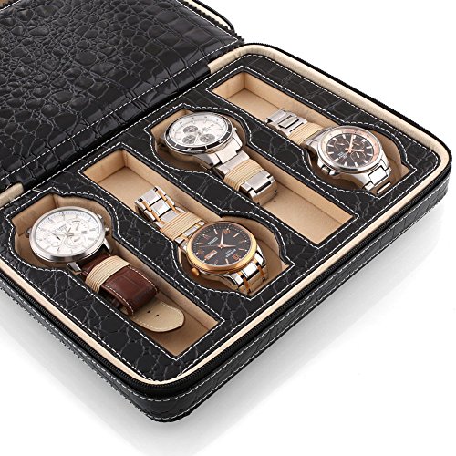 Amzdeal Uhrenbox für 8 Uhren Uhrenkastenneue Krokodil neue Schwarz - 3
