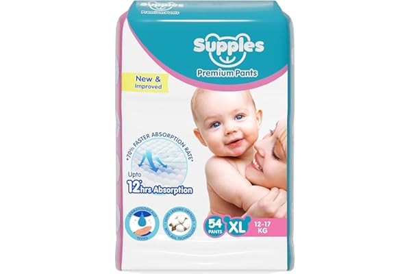 Amazon Brand - Supples Premium Baby Diaper Pants | 54 Baby Diapers | XL | 12-17 Kg | 12 Hrs Absorption | Cushiony Cotton Soft