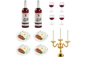 KATELUO Accessori Cucina per Casa Delle Bambole in Miniatura, 35pcs Cibo per la Casa Delle Bambole, 1:12 Giocattoli Alimentari in Miniatura, con Miniatura Bistecca,Bicchieri di Vino,Stoviglie,Candeliere