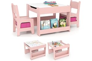 Maxmass 4 in 1 Toddler Table and Chair, Wooden Children Activity Table with Dual-sided Tabletop, Storage Bins, 3 PCS Kids Desk and Chair for Learning Playing Drawing (White+Pink, 61x61x48cm)