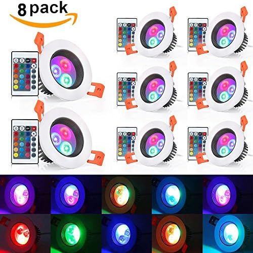 Derlights 5W RGB LED Recessed Ceiling Light, Panel Light Round Wireless Remote 16 Colors Changing Downlight Fixture, Dimmable Led Recessed Lighting Lamp （Pack of 8）