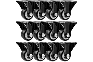 FactorDuty 12 Pack 1.5 inch Caster Wheels Rigid Fixed Stationery Non Swivel All Black Polyurethane Wheels Premium Non Marking No Noise 75lb Per Wheel