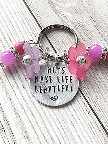 Mums Make Life Beautiful Hand Stamped Keyring Mum Keychain Handmade Gifts