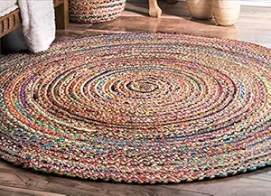 Quality Rugs Carpet Natural Jute & Cotton chindi Round Rug Handwoven Braided Carpets for Bedroom Living Room Dining Room (Multicolor, 40 40 cm, Round)