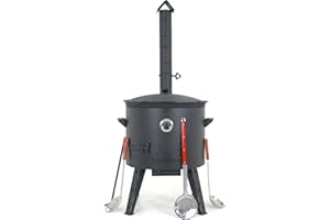 ‎ZARENHOFF Utschak Feuerofen Ø 49 cm mit Thermometer & Gusseisen Topf 22 L, Ø 52,7 cm | Kazan-Set mit Deckel | Учаг Outdoor Feuerschale & Gulaschkanone | Usbekischer Kochtopf aus Gusseisen, Gartenküche