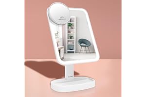 Auxmir Lusterko kosmetyczne z oświetleniem LED, podświetlane 1x/10x, możliwość ściemniania, jasność i obracanie o 180°, lusterko do makijażu do golenia i pielęgnacji twarzy, zasilanie przez USB lub 4