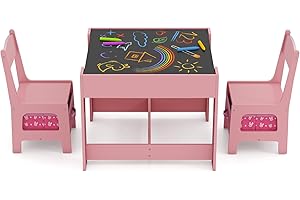 Maxmass 3PCS Kids Table and Chair Set, Wooden Toddler Play Table with Removable Double Side Tabletop, Storage Boxes, Children Activity Desk Set for Eating Drawing Reading Learning (Pink)
