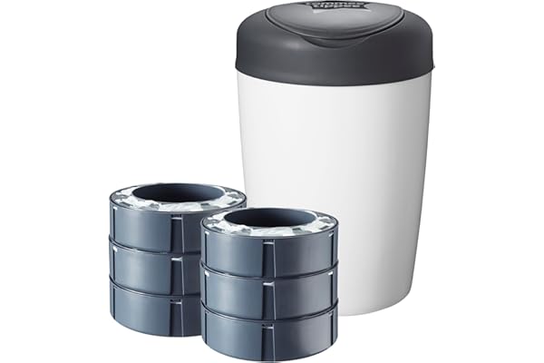Tommee Tippee Poubelle à Couches Simplee Sangenic, Inclus 6x Cassettes de Recharge, Blanc et Gris