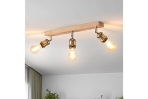 LVWIT Plafonnier 3 Spots LED E27, Luminaires Intérieur Vintage, Plafonnier Bois avec Base Rectangulaire, Applique Murale Chambre, Lustre salle à Manger(Sans Ampoules)