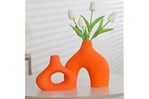 CEMABT Lot de 2 vases en céramique Orange pour décoration de Style Minimaliste bohémien Moderne - Vases à Fleurs Parfaits pour Le Salon, Le Mariage, Le Bureau et la Chambre à Coucher