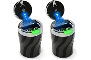 Geoyien Aschenbecher Auto, 2 Stücke Auto Aschenbecher mit Deckel, Automatisches LED Licht, Versiegelt, Geruchsdicht, Flammhemmend, Abnehmbar, Draussen, Großem Fassungsvermögen