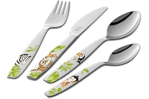 ZWILLING Jungle Kinderbesteck-Set, 4-teilig, mit bunten Dschungel Motiven, Für Kinder ab 3 Jahren, 18/10 Edelstahl, Silber