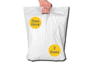 PWGOODS White Patch Handle Plastic Carrier Bags 15 x 18 x 3" | 100 Pack | Heavy Duty | Boutique Fashion Party Gift | White Plastic Carrier bags Party Bags Shopping Bags Plastic Bags with Handles