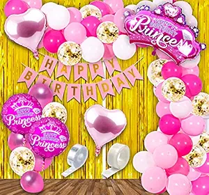 Party Propz Pink Happy Birthday Decoration Kit for Girls 50pcs Combo Set Metallic Confetti Balloon, Princess Foil Balloon Girls Birthday Decoration Items / Kids Birthday Decoration Items