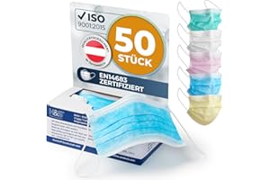 ‎ISC HYGIENE & SAFETY ISC Hygiene & Safety OP Vlies Mundschutz Maske (50 Masken mit Elastikband in Komfortlänge, 3-lagig, 100% PP, mit Nasenbügel, glasfaserfrei, latexfrei, 3-lagig blau