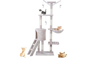 QUILEYUN Cat Tree, 143cm Cat Scratch Posts Multi-Level Stable Cat Climbing Tower Cat Activity Trees with Ladder, Indoor Pet Activity Furniture Play House for Kitty Kitten