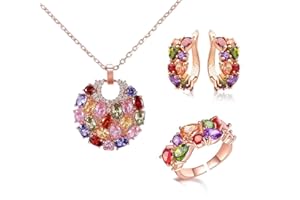Baobei kaguyo - Juego de joyas para mujer, chapado en oro rosa, collar con colgante de cristal de circonita multicolor con aretes de aro, joyería encantadora para mujeres y niñas, regalos de