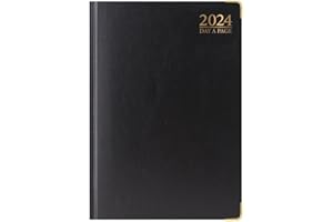 QUICKDRAW 2024 A4 Day a Page Diary Full Year Hardback Organiser Journal Casebound Cover with Gilt Edge Metal Corners (Black)