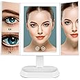 Auxmir Vanity Makeup Mirror with 60 Natural LED Lights, 1X/5X/7X Trifold Magnifying Mirror, Dual Power Dimmable Cosmetic Mirror with Touch Screen, 90° Brightness Adjustable Lighted Dressing Mirror