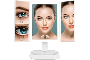 Auxmir Powiększające lusterko do makijażu 7X/5X/1X, tryptyczne podświetlane lustro z 60 diodami LED, ekran dotykowy, podwójne zasilanie, obrót o 90° do makijażu i golenia