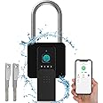 Anweller Fingerprint Padlock with Key Backup, Weatherproof Biometric Bluetooth APP Controlled Keyless Smart Electronic Long Shackle Combination Lock for Outdoor Fence Gate Pool Shed Gym Locker Yard