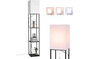 BBHome Lampadaire moderne avec étagère en bois, 3 températures de couleur à intensité variable, lampe sur pied en bois pour le salon, la chambre à coucher, le bureau, ampoule 9 W incluse (noir)