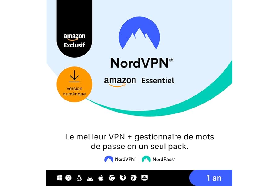 NordVPN Amazon Essentiel, 10 Appareils, 1 An, VPN et Gestionnaire de Mots de Passe, Code Numérique
