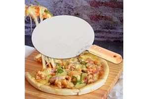 FETCOI Pala redonda para pizza de acero inoxidable con mango de madera para hornear pizzas caseras, pasteles, galletas