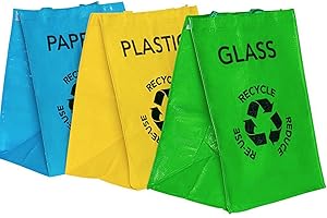 GENERIC FAQRAH Set of 3 Large Multicoloured Heavy Duty Reusable Recycle Bags 53L with Handles and Secure Attachments - Separate Your Household Waste and Recycling Bags for Glass Paper and Plastic