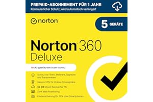 Norton 360 Deluxe 2023 | 5-devices | 1-year subscription with automatic renewal | Secure VPN and password manager | PC/Mac/Android/iOS | Activation code via email