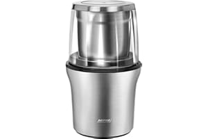 MPM MMK-06M Moulin à Café Électrique + Broyeur Multifonctionnel, 2 Types de Lames, Moud Les Graines, Les Épices et Les Noix, Fonction Impulsion, 2 Récipients de 70g, Acier Inoxydable, 200W