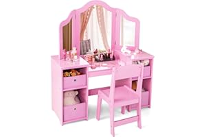 RELAX4LIFE Toeletta per Bambini con Specchio, Specchiera per Ragazzi in Legno Robusto, Tavolo da Trucco con Ampio Spazio di Stoccaggio (Toeletta + Sgabello + Cassetti, Rosa)