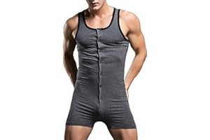 TiaoBug Herren Body aus Baumwolle Gestreift Bodysuit Unterwäsche Tank Top mit Knöpfe Boxershorts Unterhosen Männer Einteiler Overall Jumpsuit Nachtwäsche