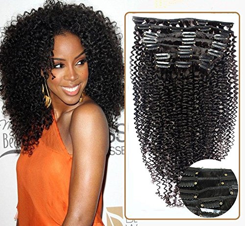 16 Inch 100% Virgin Brazilian Human Hair Kinky Curl Clip in Hair Extension, curly hair weft , Unprocessed 6A Grade 7 pieces/ set Natural color (16")